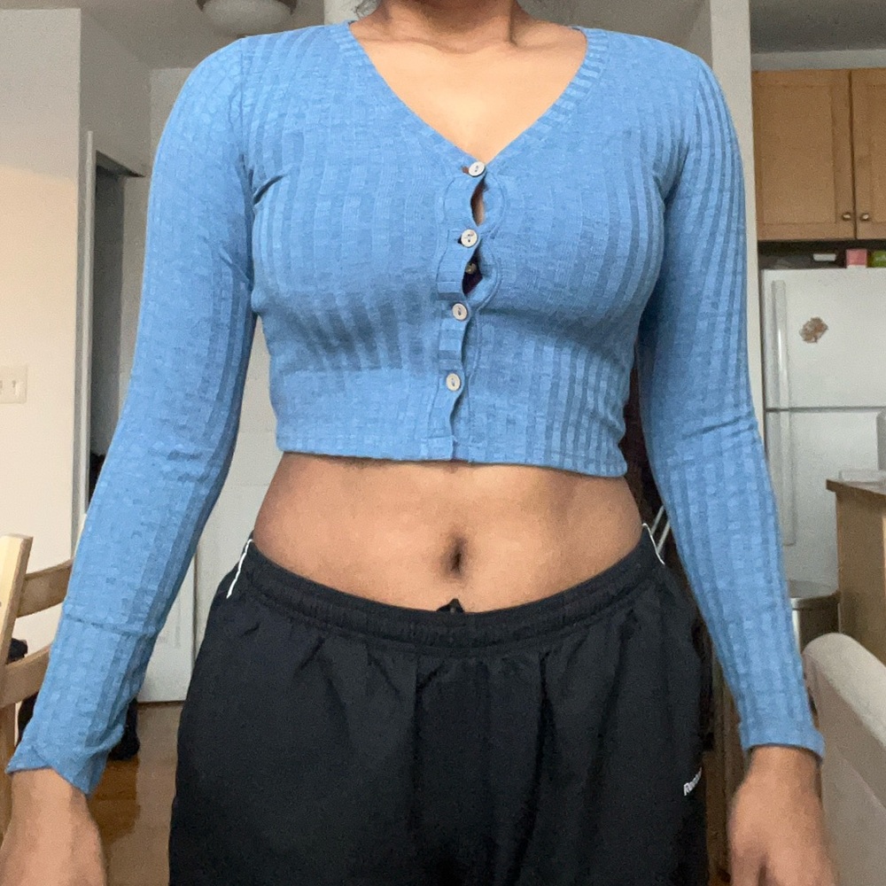 Mango blue ribbed button down long sleeve tee v neck